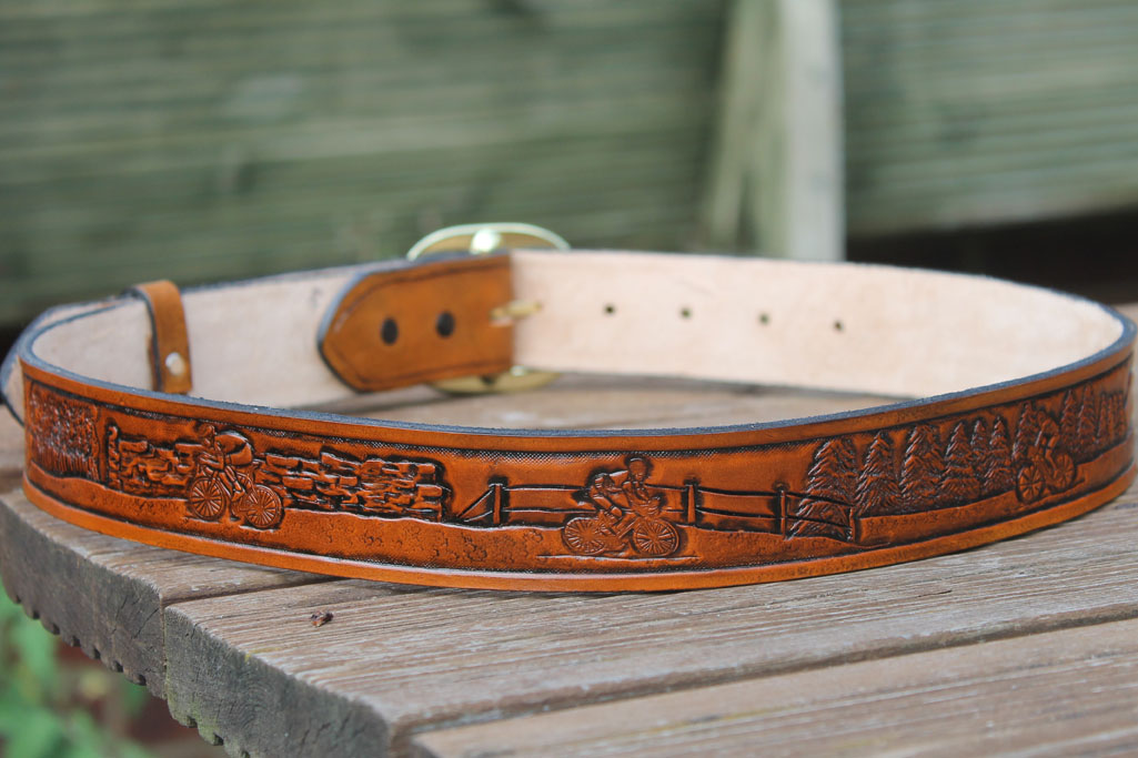 Hand Carved Leather belt - Cycling scenes - Leatherwork by Brian Kerrigan