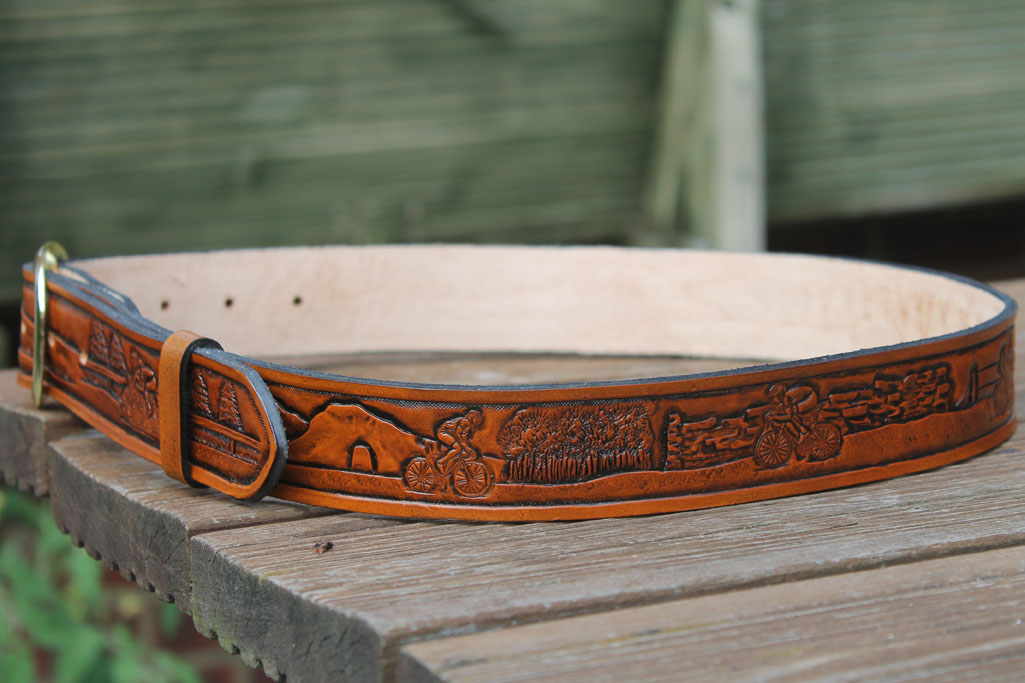 Hand Carved Leather belt - Cycling scenes - Leatherwork by Brian Kerrigan