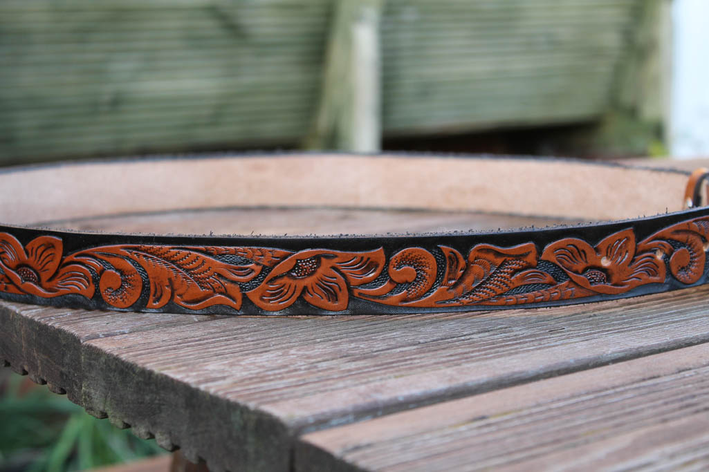 Hand carved leather belt - Floral pattern - Leatherwork by Brian Kerrigan