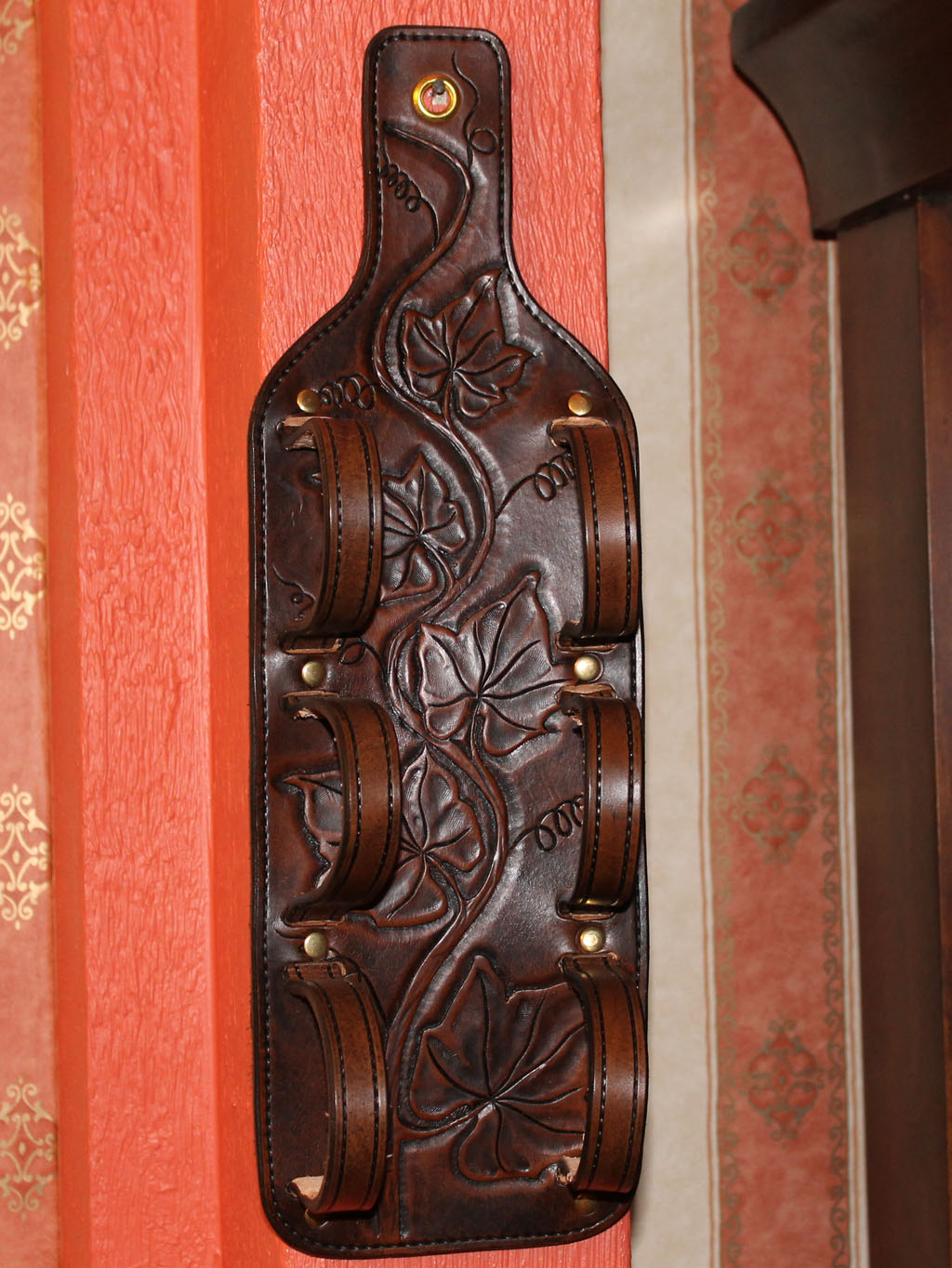 Hand Crafted Leather Wine Rack, Wine Bandolier - carved - Leatherwork ...