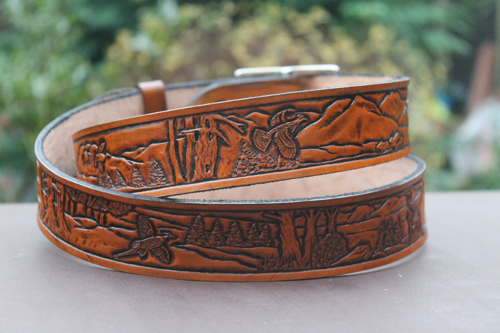 Hand Carved Leather belt Country scenes Leatherwork by Brian Kerrigan
