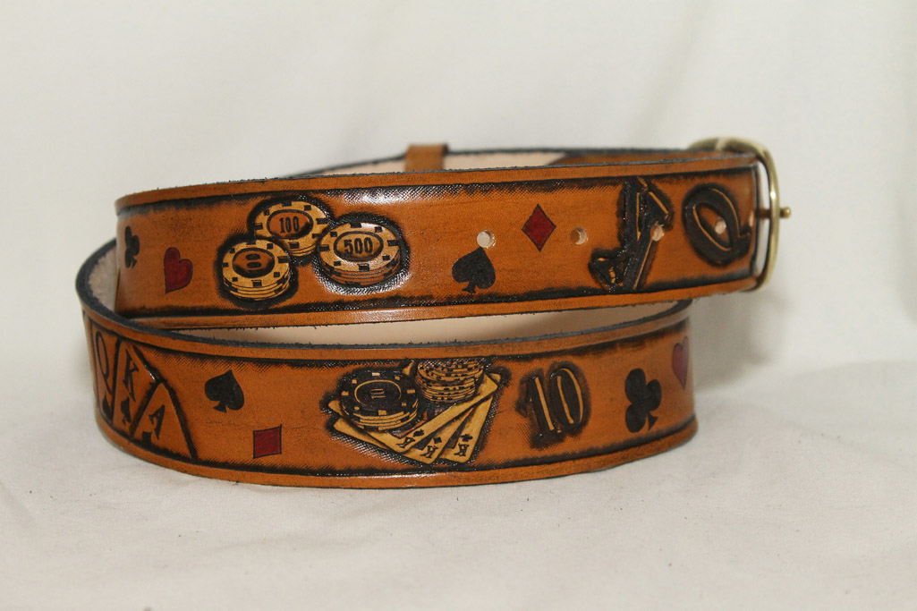 Hand Carved Leather belt Playing Cards and Poker theme Leatherwork