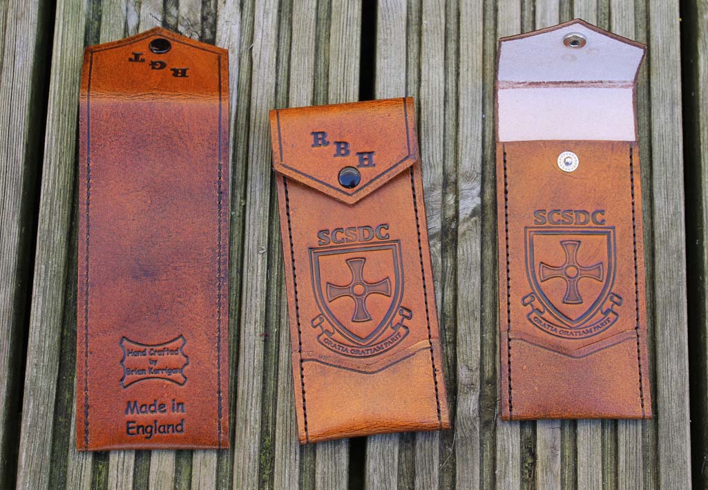 Leather Darts Case Antique tan with team badge Leatherwork by Brian